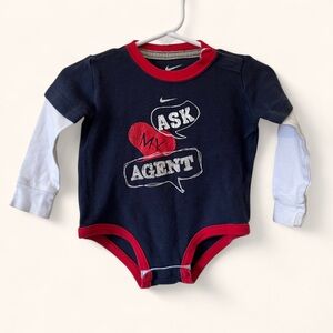 6-9M Boys Nike Ask My Agent Navy Blue Red Long Sleeve One Piece Retro Bodysuit